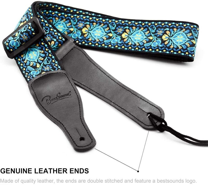 BestSounds Guitar Strap, Vintage Embroidered Cotton Strap with Genuine Leather Ends for Acoustic and Electric Guitar, Bass Guitars - Image 2